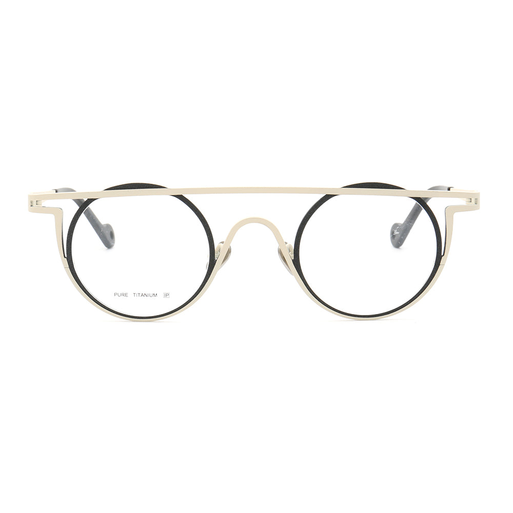 Front view of white and black round eyeglasses