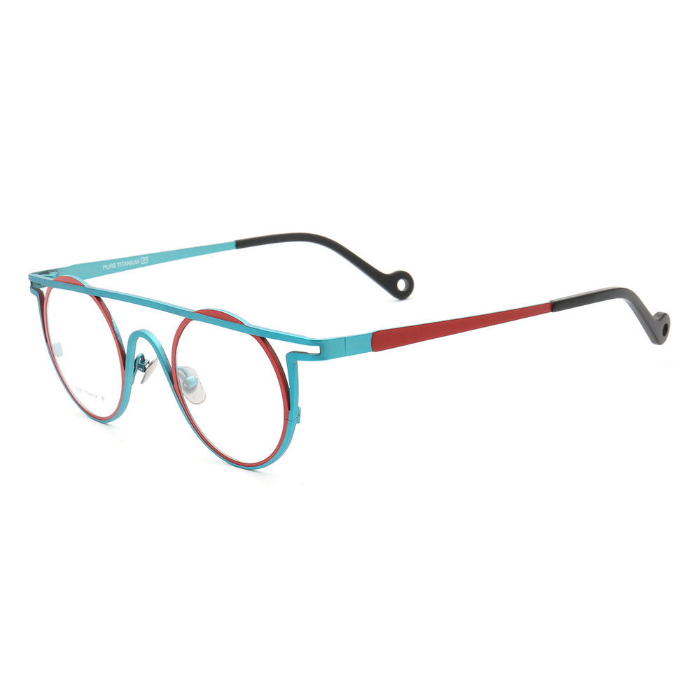 Side view of blue and red titanium eyeglasses