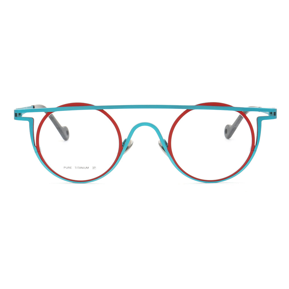 Front view of blue and red titanium eyeglasses