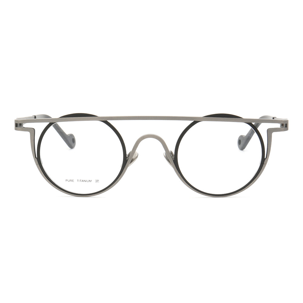 Front view of black and grey round eyeglasses