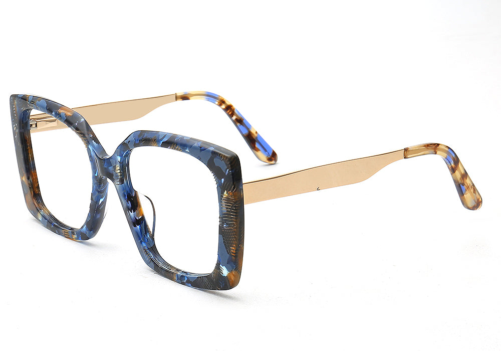 Side view of oversized blue tortoise butterfly eyewear frames