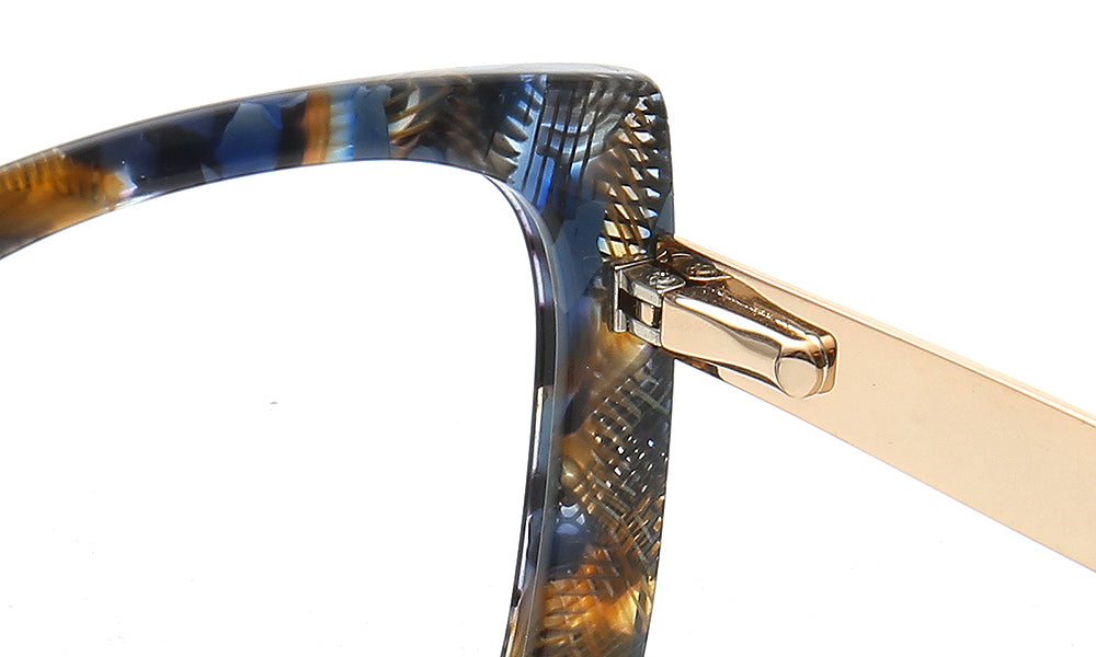Inner hinge of blue tortoise shell butterfly eyewear frames