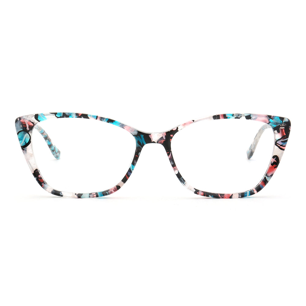 Front view of blue tortoise shell cat eye glasses for women