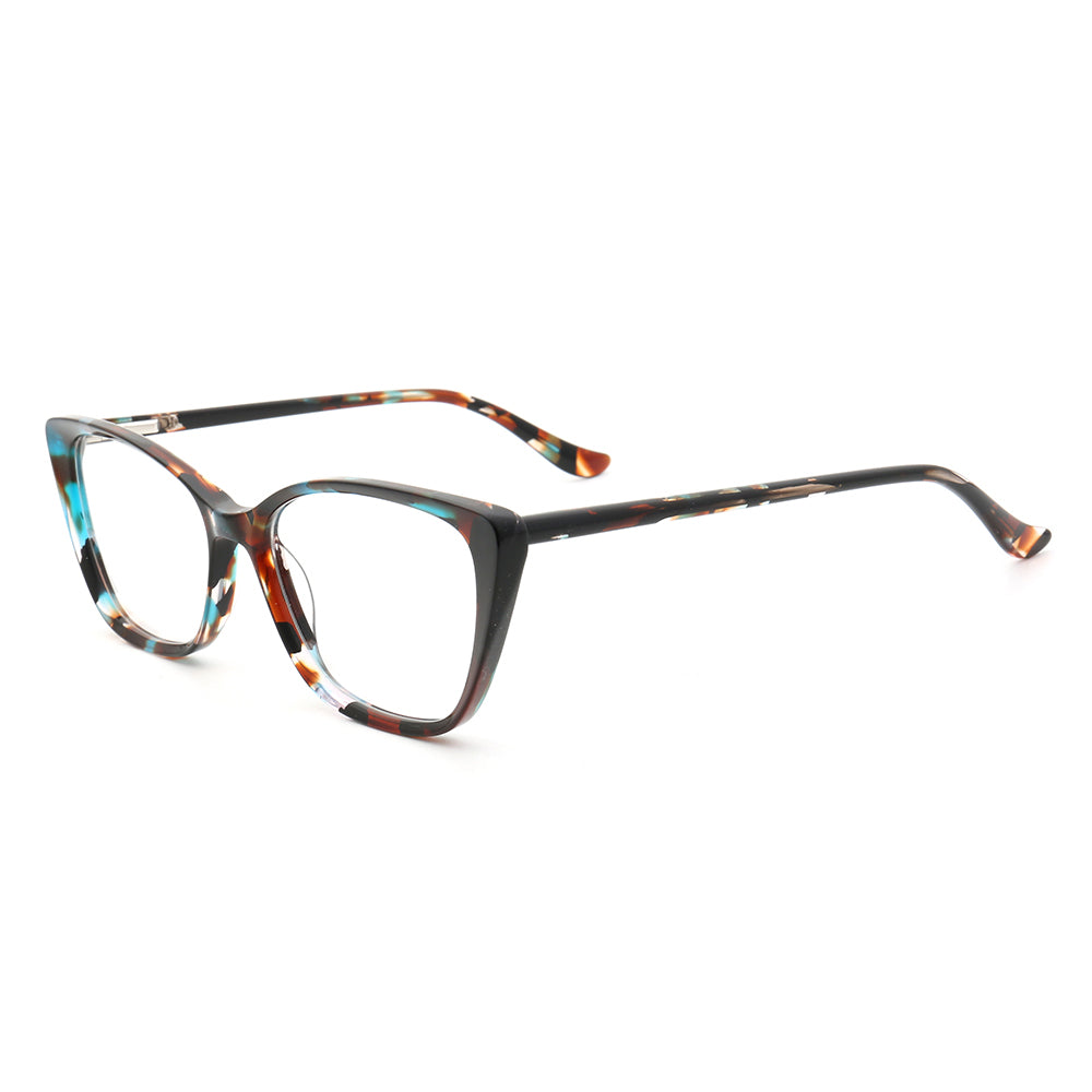 Side view of blue tortoise patterned glasses for women