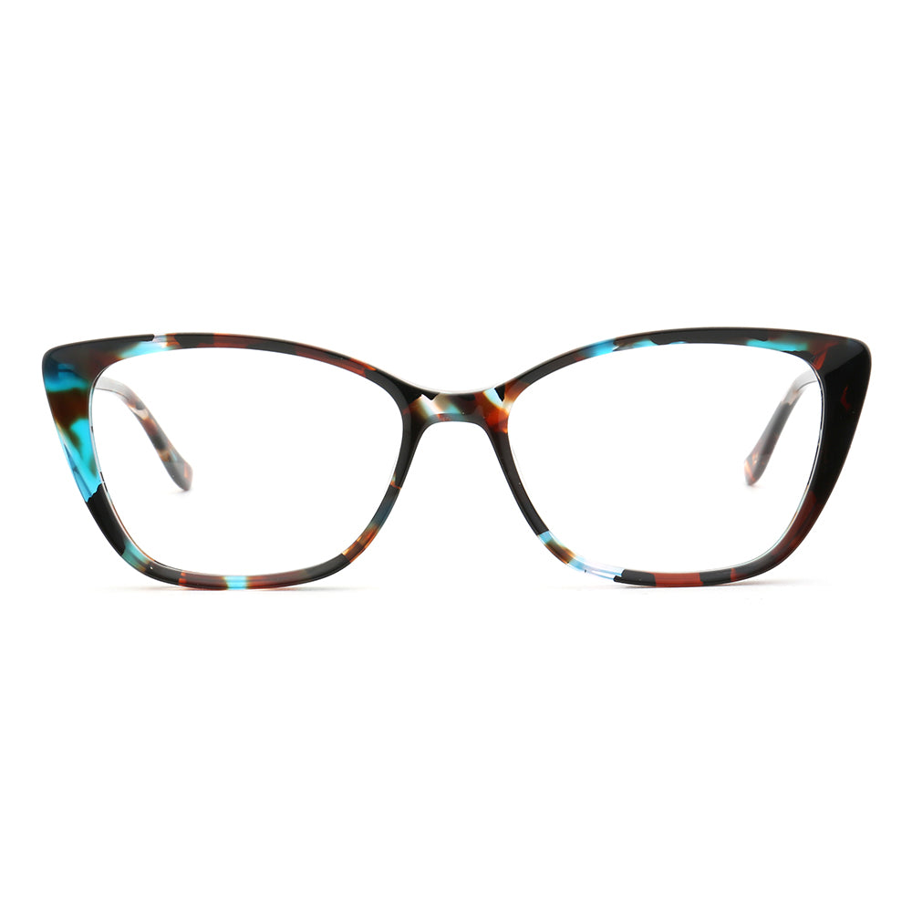 Front view of blue tortoise patterned glasses for women