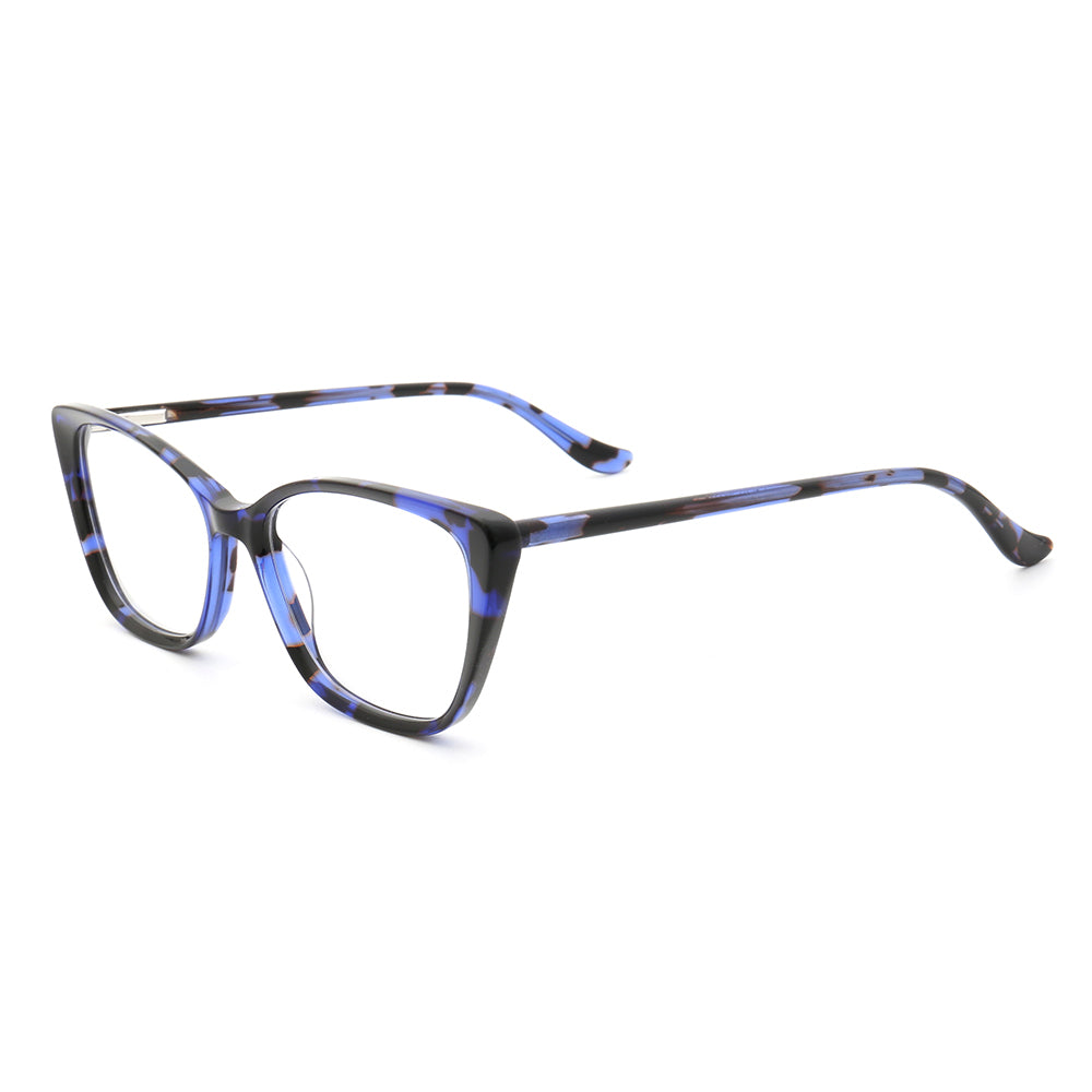 Side view of blue cat eye acetate glasses for women