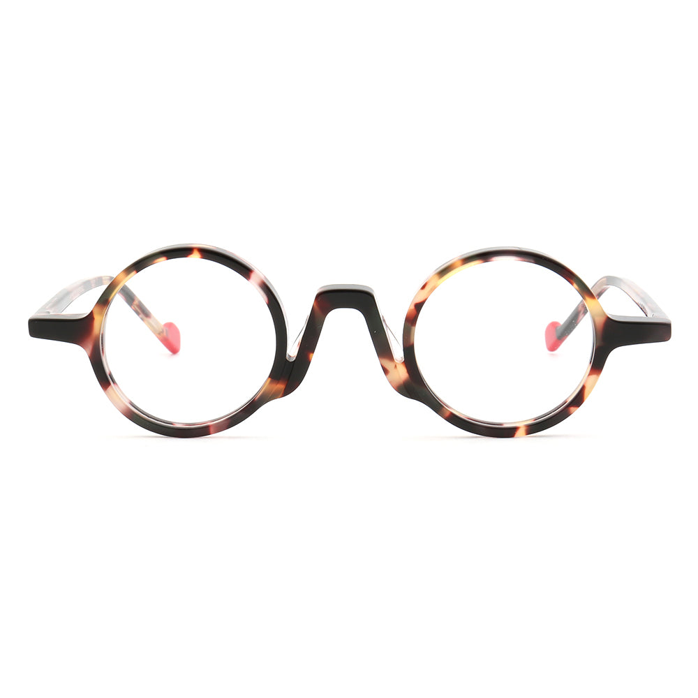 Front view of tortoise and red eyeglass frames