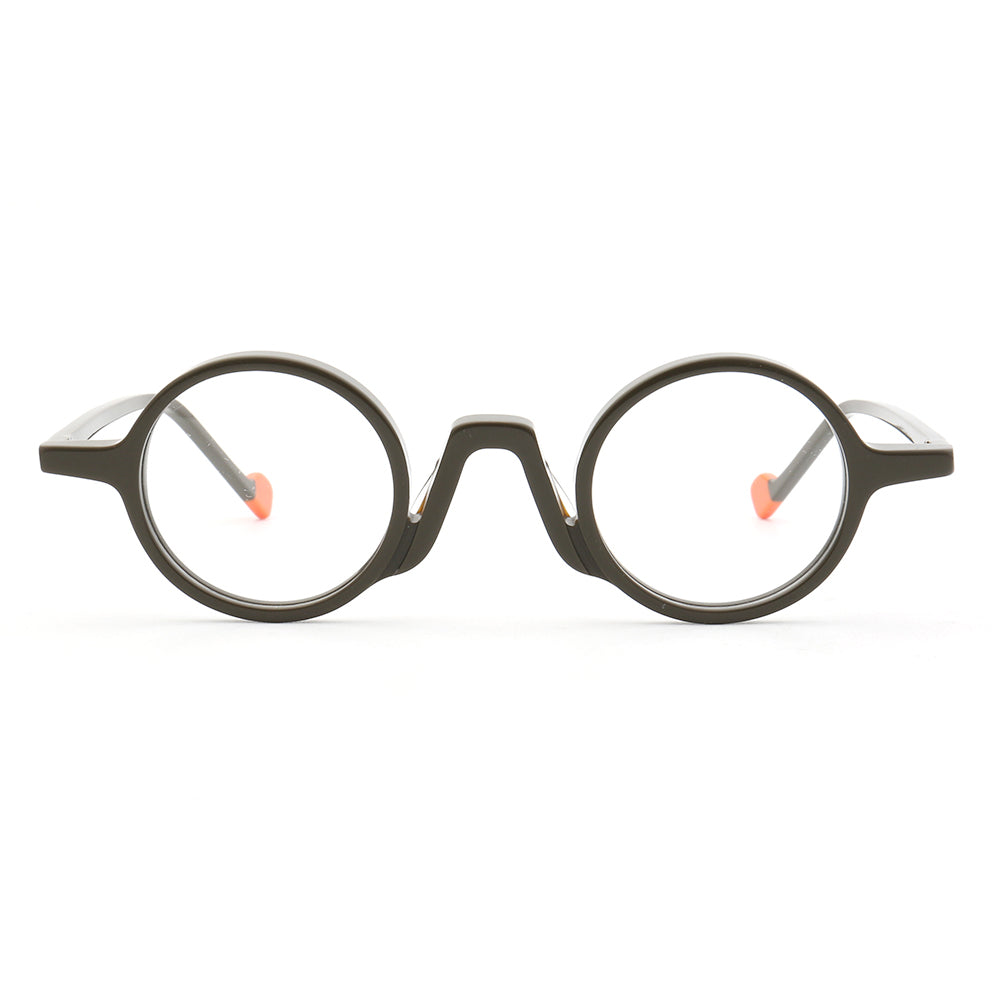 Front view of dark colored round eyeglasses
