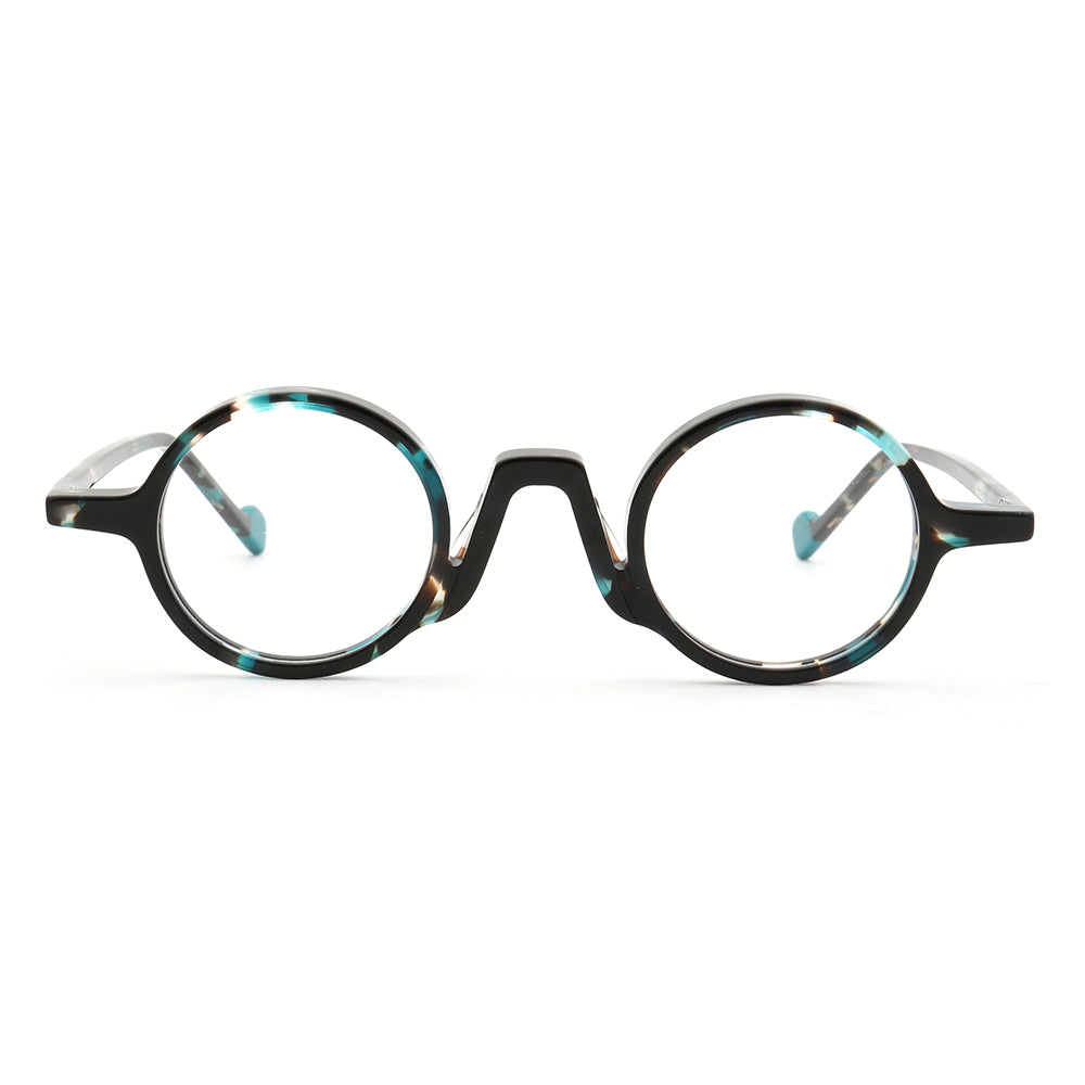 Front view of blue tortoise round eyeglasses