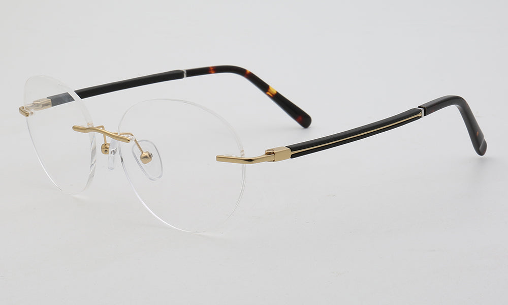 Side view of round rimless metal eyeglasses frames