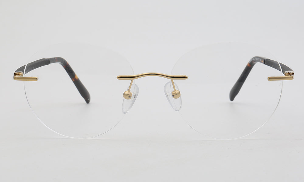 Front view of round rimless metal eyeglass frames