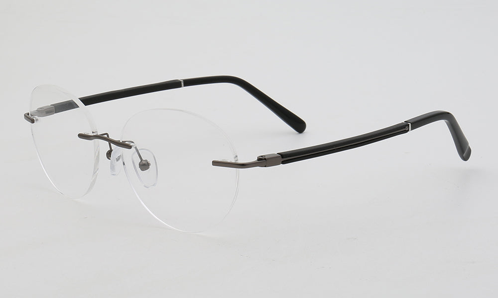 Side view of black round rimless eyeglass frames