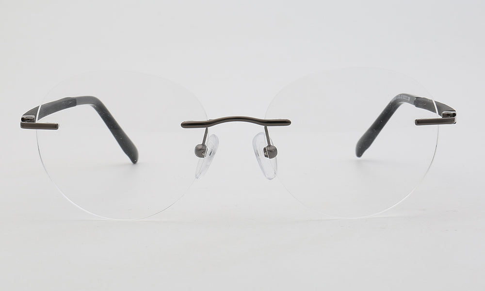 Front view of black round rimless eyeglass frames