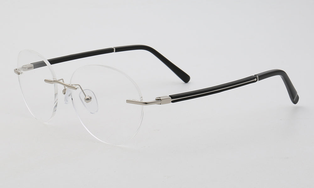 Side view of round rimless silver eyeglass frames