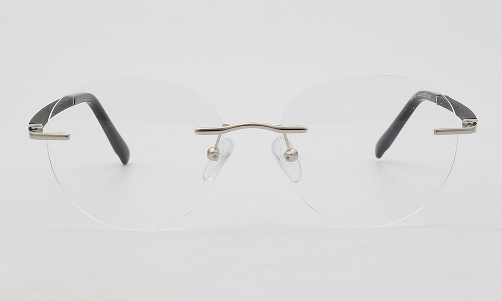 Front view of round rimless silver eyeglasses