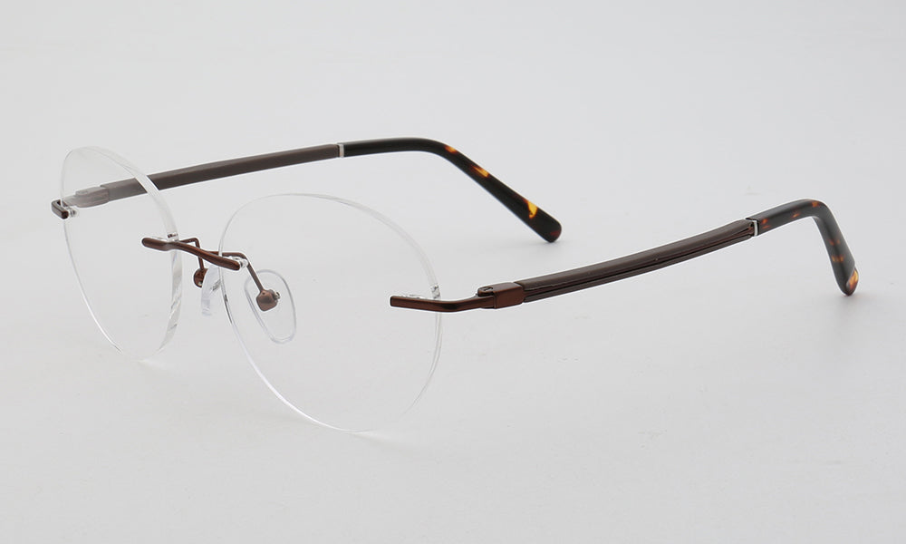 Side view of bronze rimless round eyeglasses