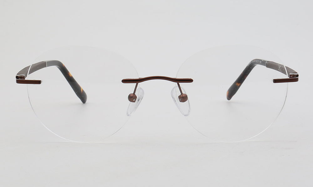 Front view of bronze round rimless eyeglass frames