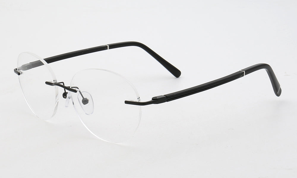 Side view of black round rimless eyeglasses