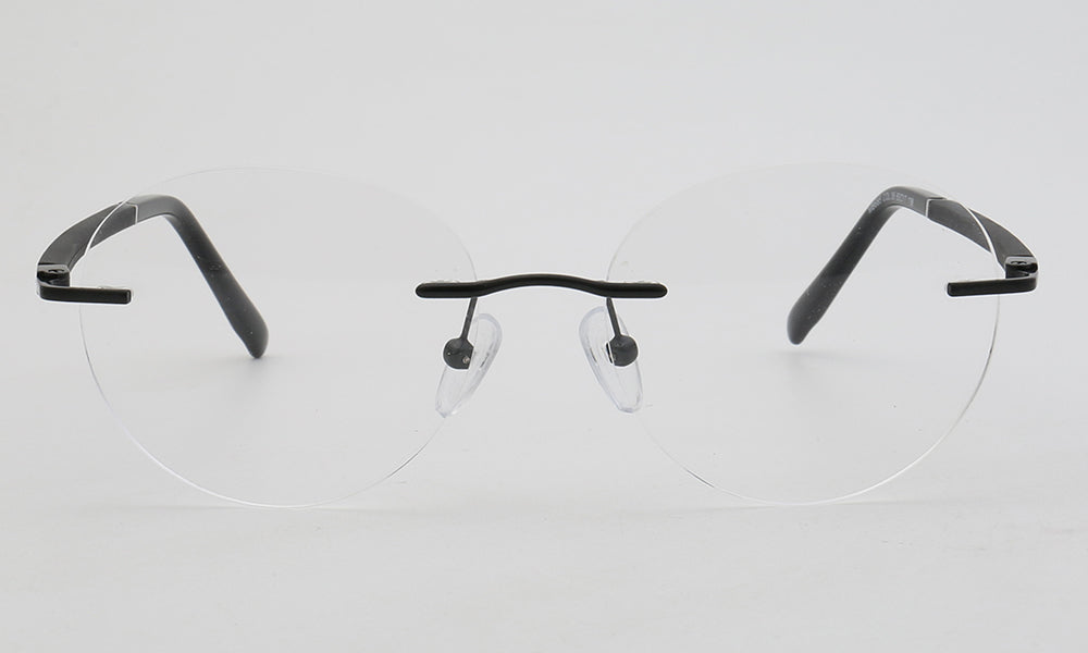 Front view of black rimless round eyeglass frames