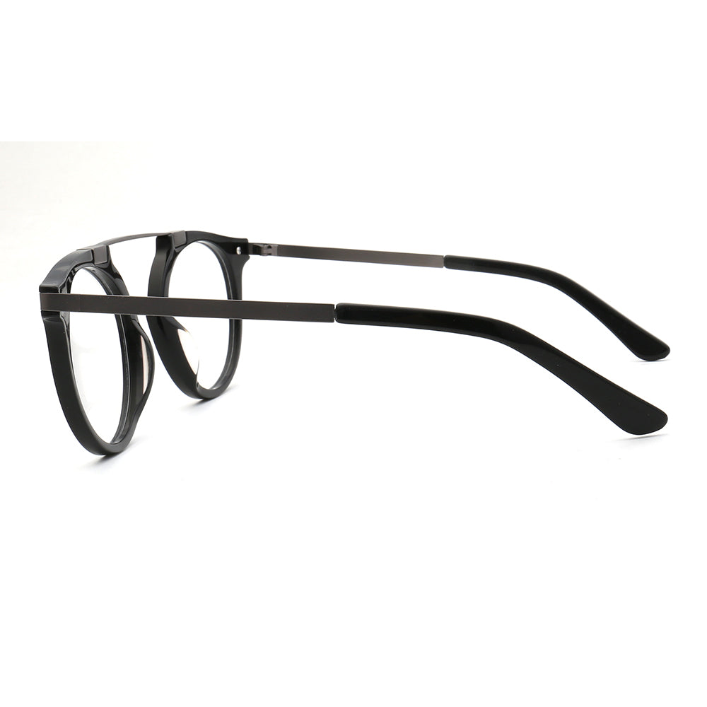 Temple of black and grey flat top retro glasses frames