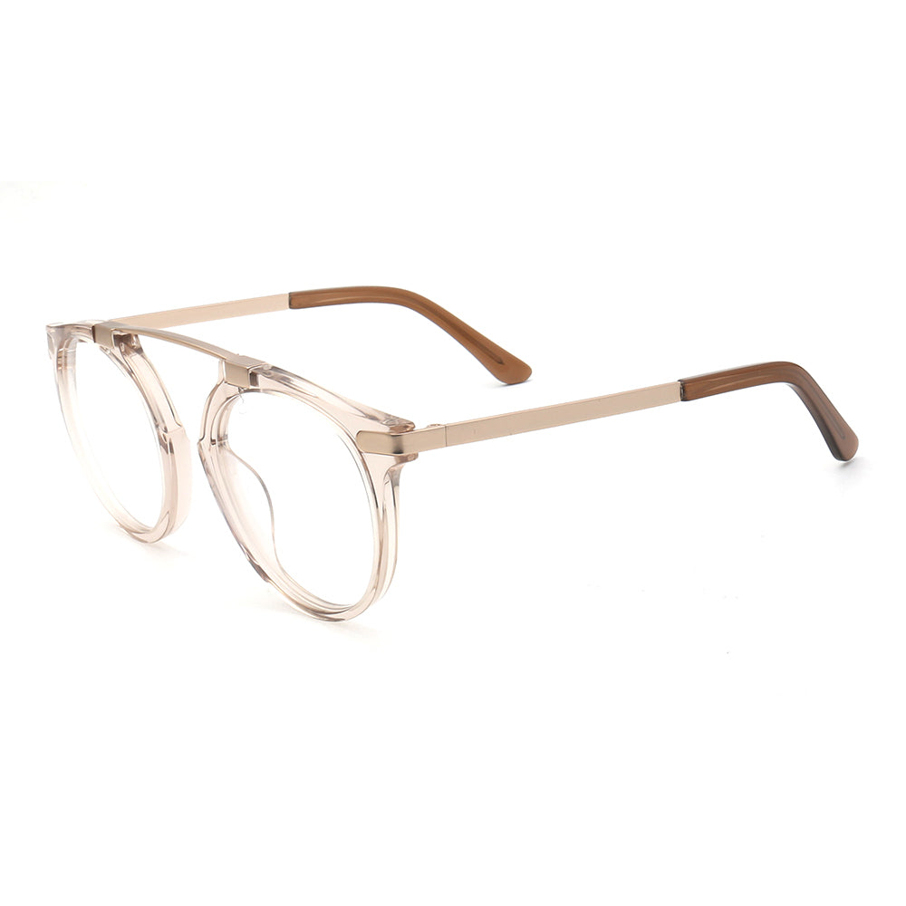 Side view of transparent round full rim acetate glasses