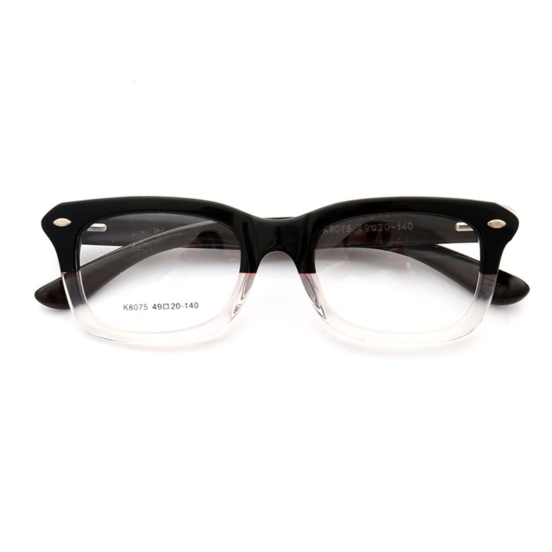 A pair of black and clear wooden full rim eyeglasses