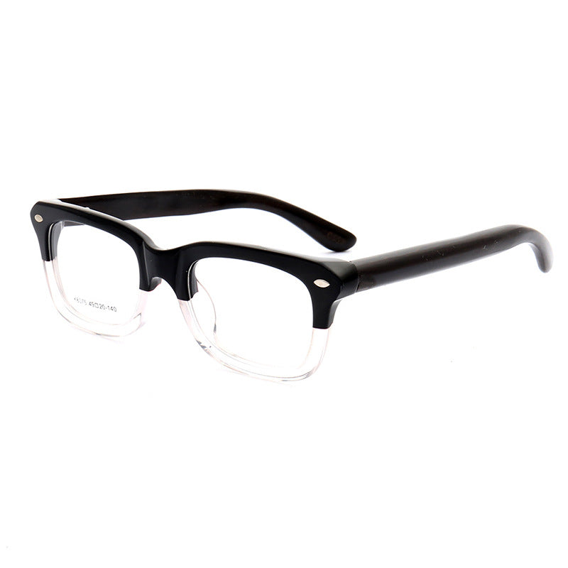 A pair of black and clear wood full rim glasses frames