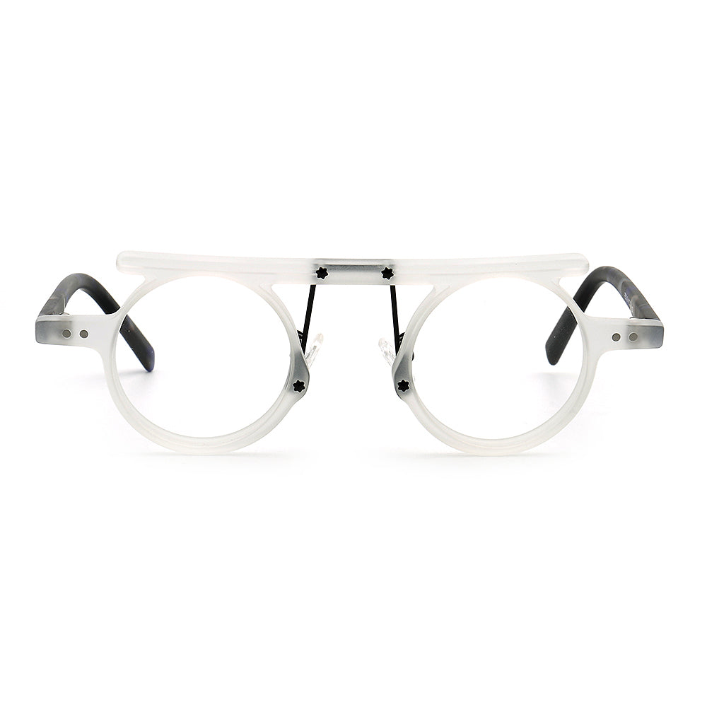 Front view of round flat top clear acetate eyeglasses