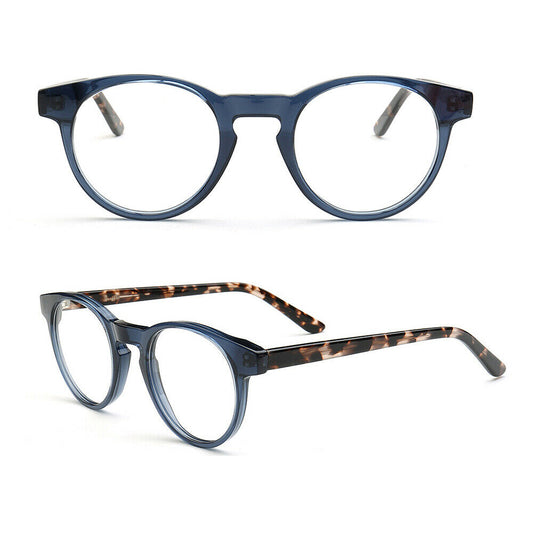 Front and side view of blue acetate glasses