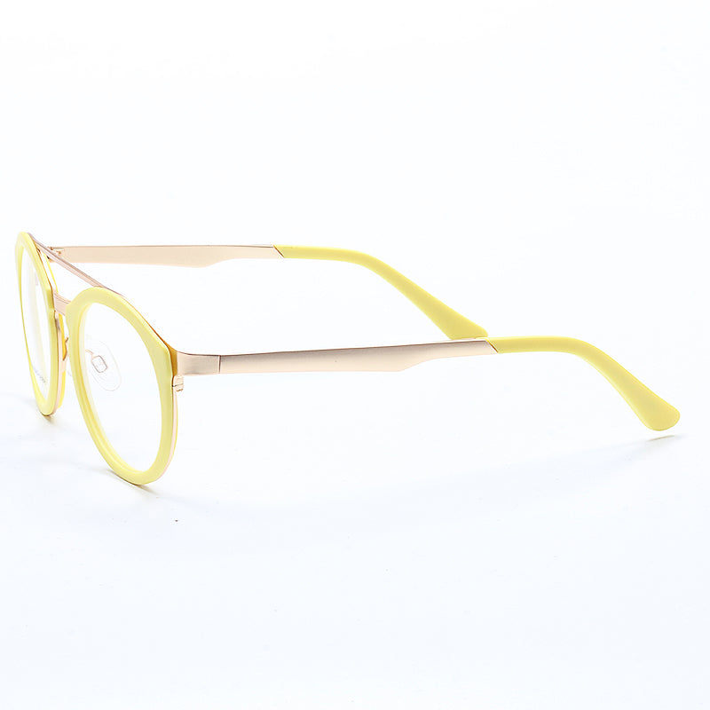 Side view of yellow flat top metal and acetate glasses frames