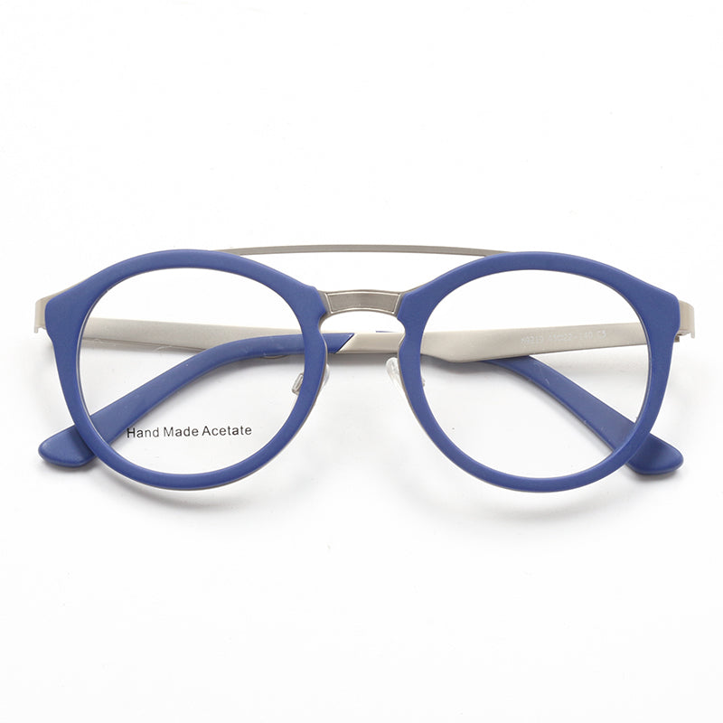 Blue and silver round flat top glasses frames