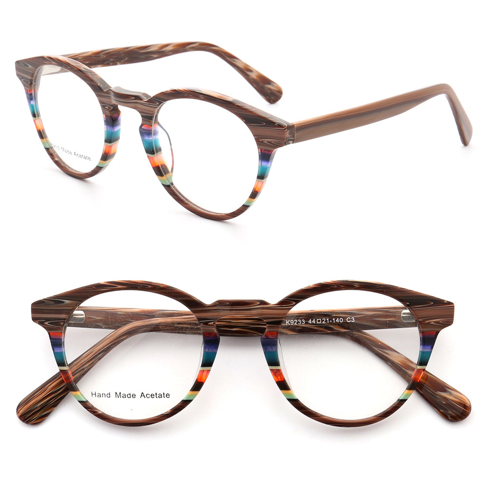 Front and side view of wood grain striped eyeglasses