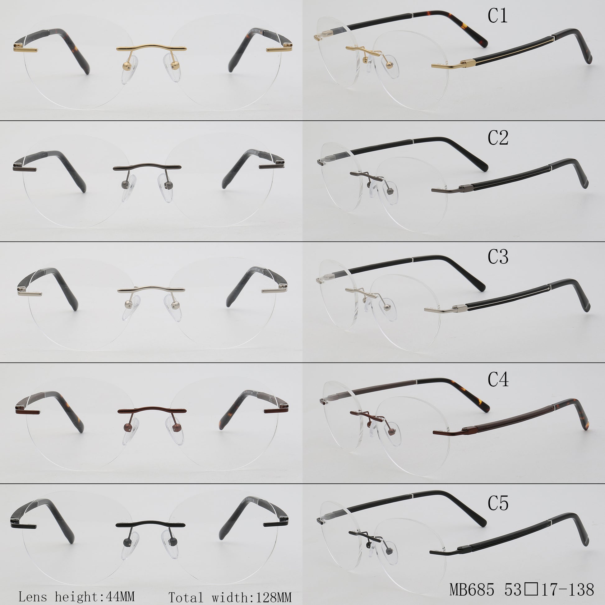 Round rimless gold eyeglass frames