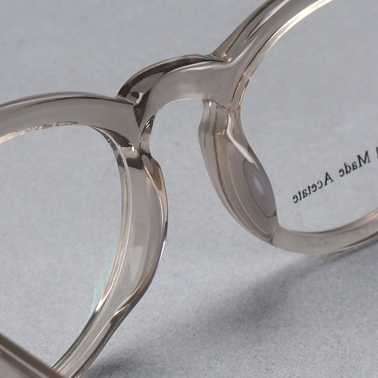 Bridge of clear round acetate eyeglass frames