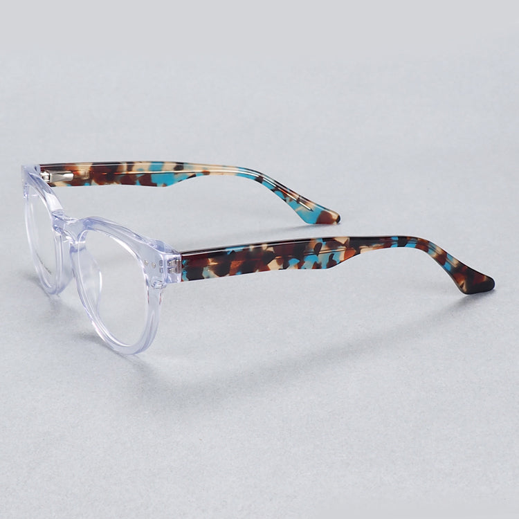 Side view of clear round tortoise shell glasses