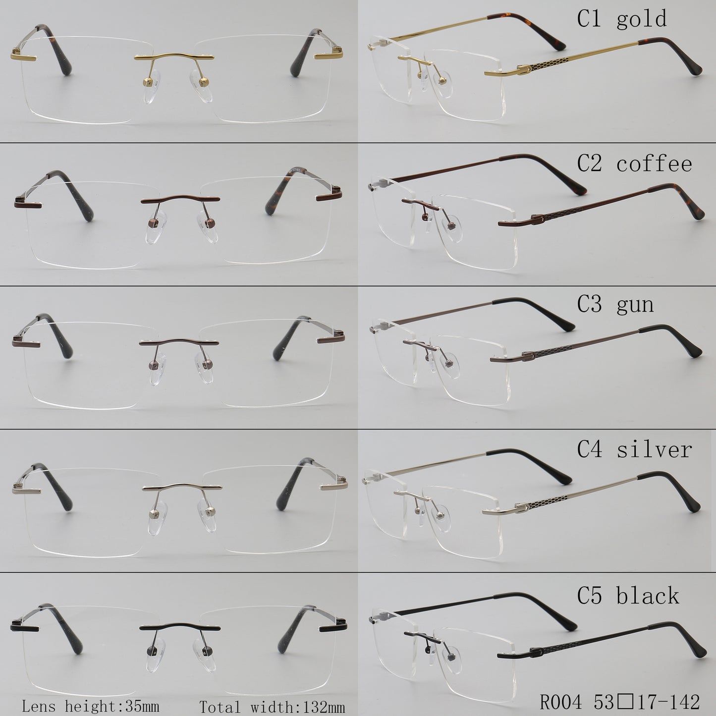 Mens rectangular rimless eyeglass frames