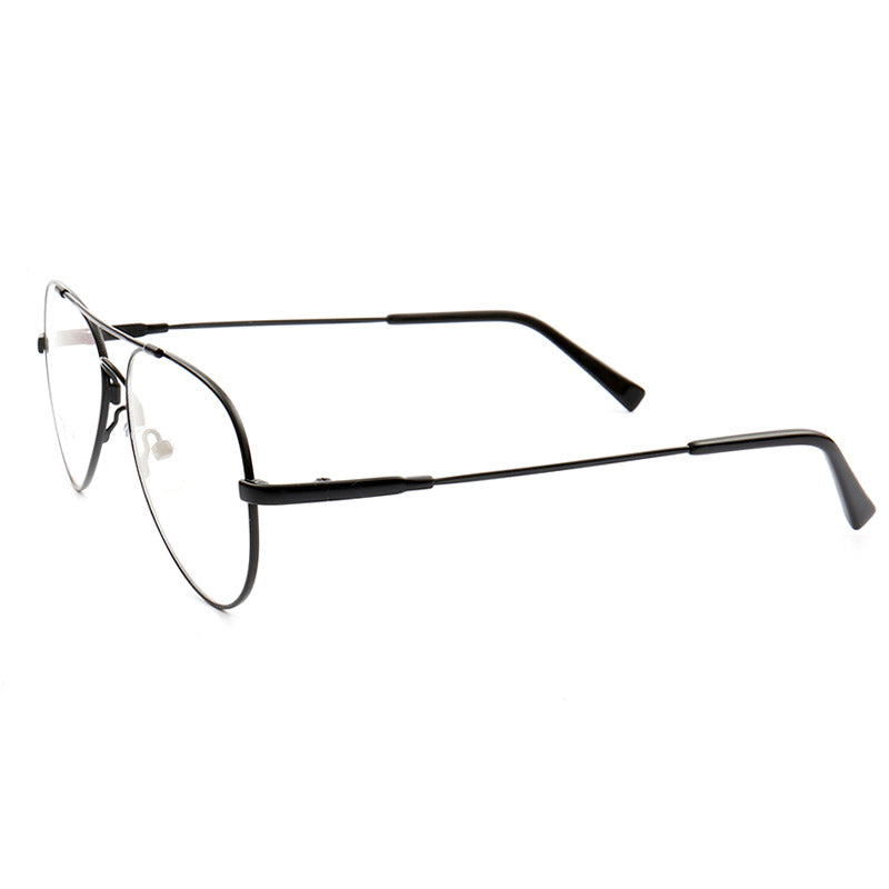 Side view of black pilot style eyeglasses