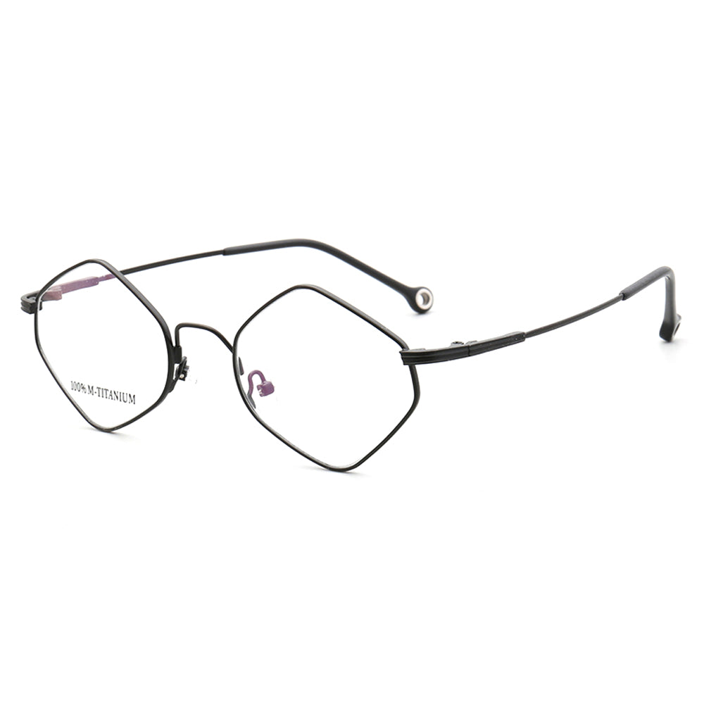 Side view of black geometric memory metal glasses frames