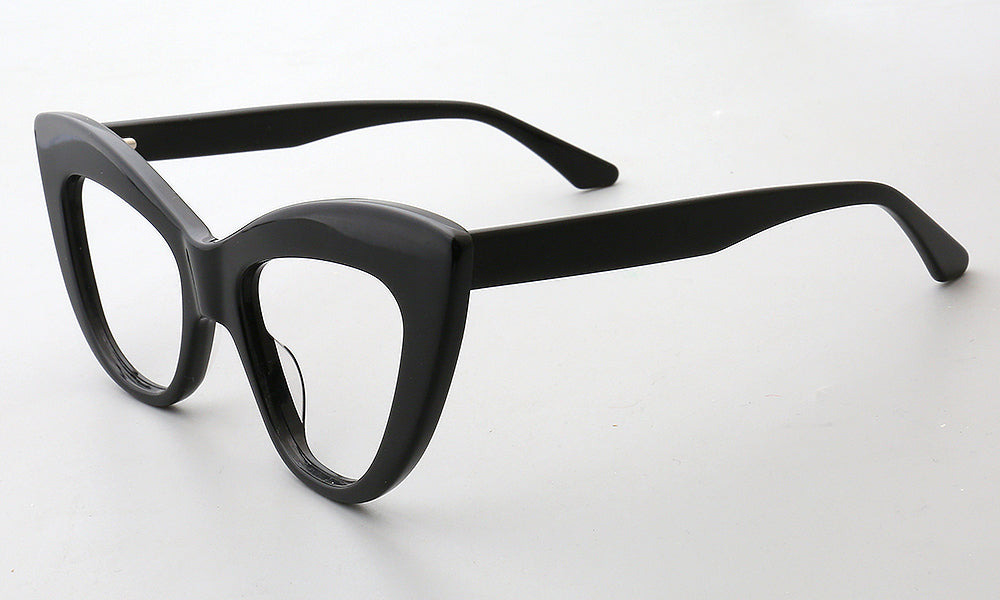 Side view of black oversized cat eye eyeglass frames