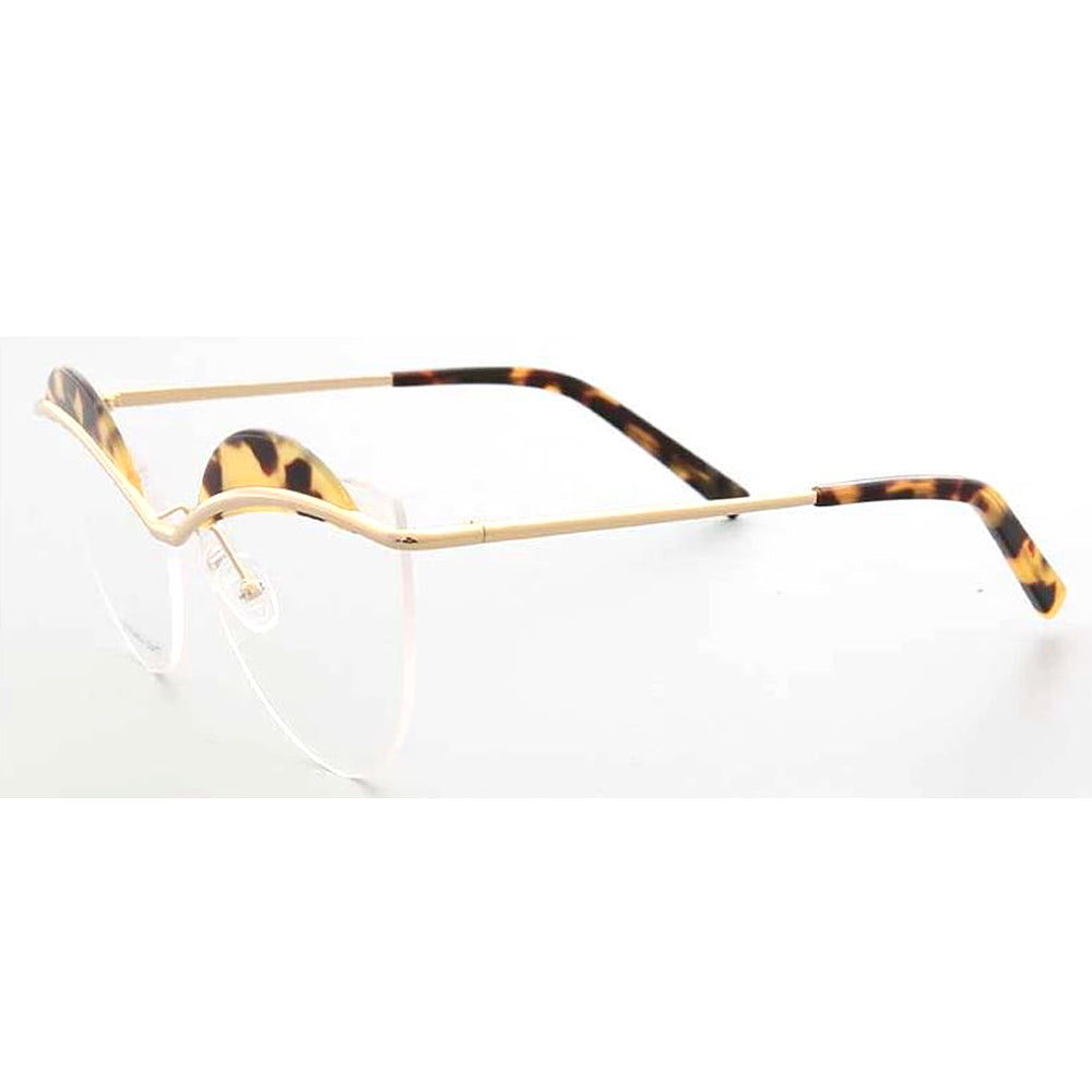 Side view of rimless tortoise eyeglasses for women