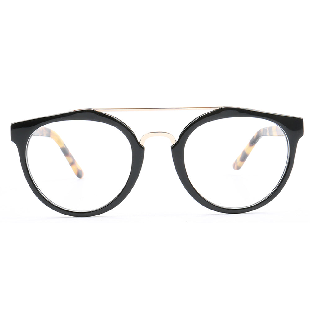 Front view of black tortoise shell double bridge eyeglasses