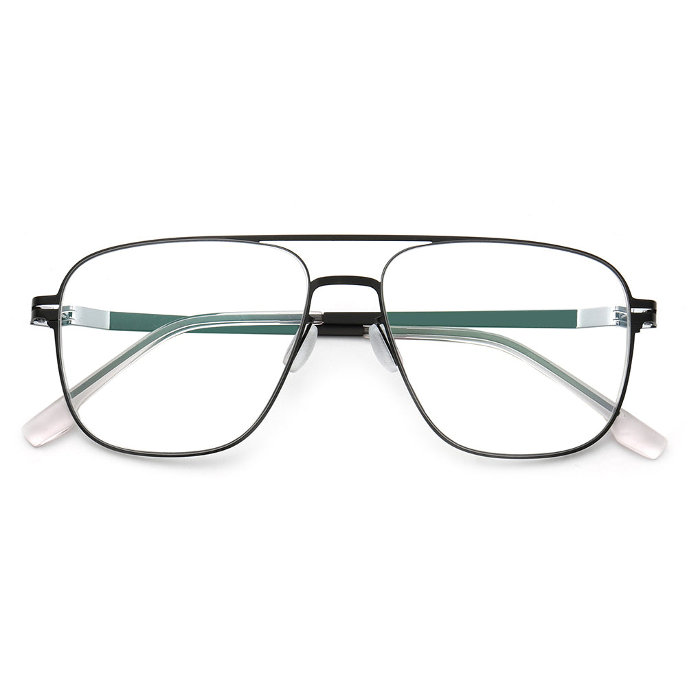 A pair of metal full rim pilot style eyeglasses