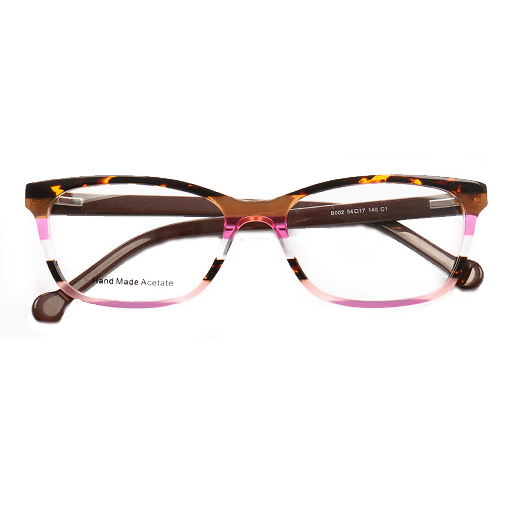 A pair of pink and brown full rim acetate glasses for women