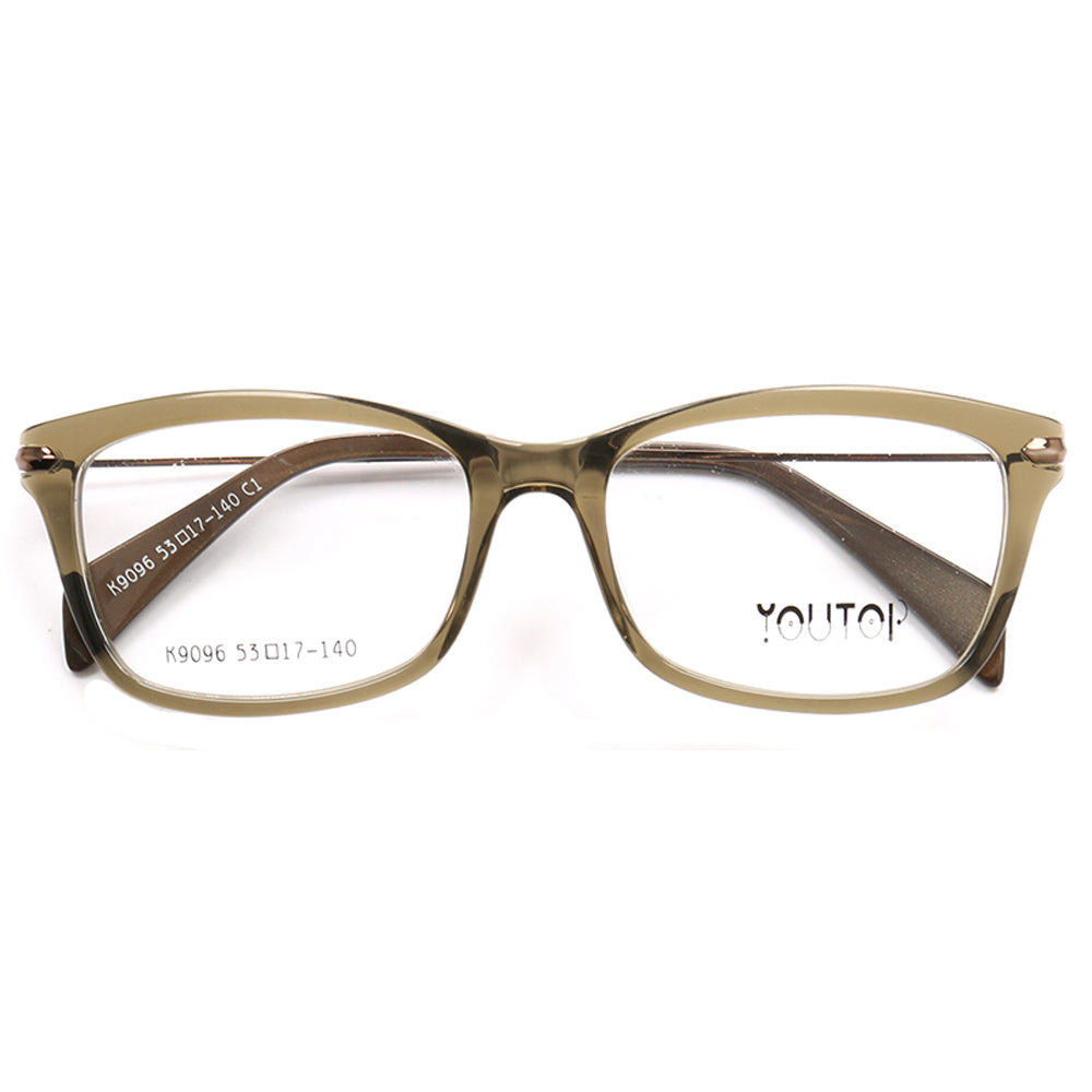 A pair of beige colored composite eyeglass frames