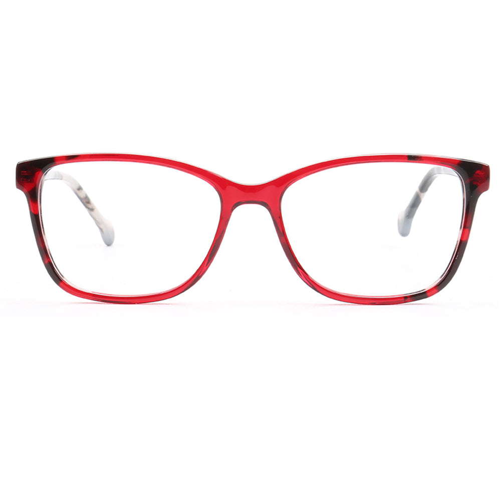 Front view of red full rim acetate eyeglass frames