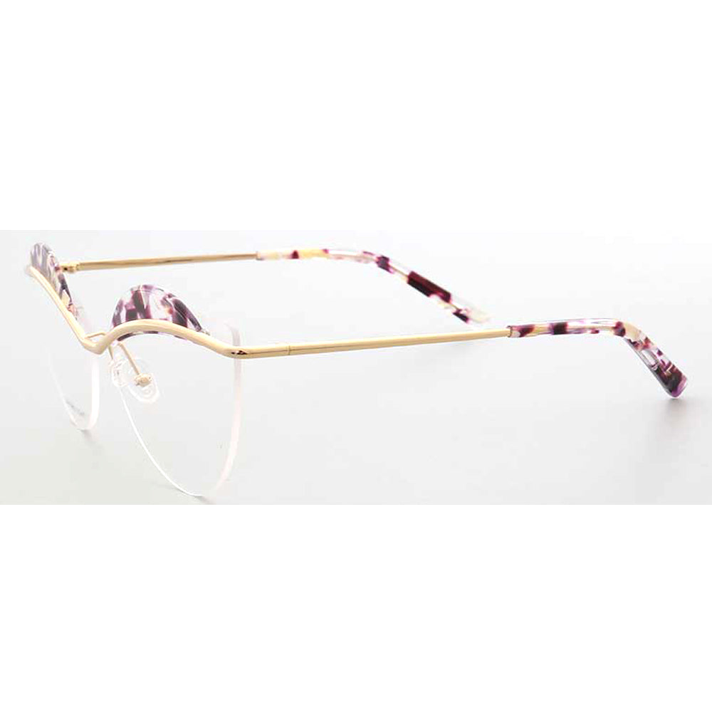 Side view of floral rimless cat eye glasses for women