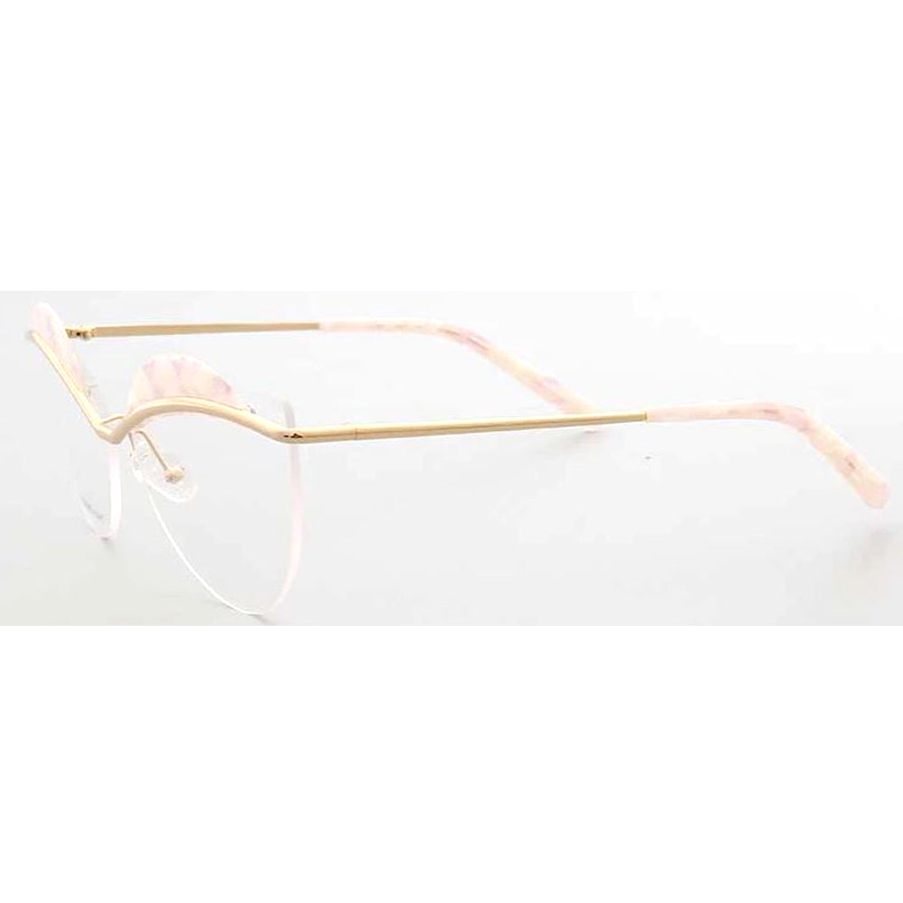 Side view of pink floral rimless glasses for women