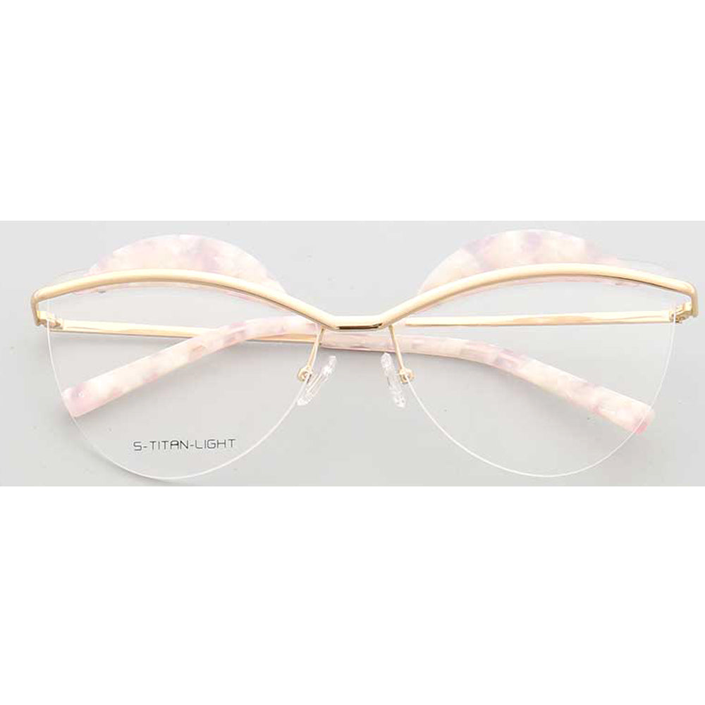 A pair of pink floral rimless glasses for women