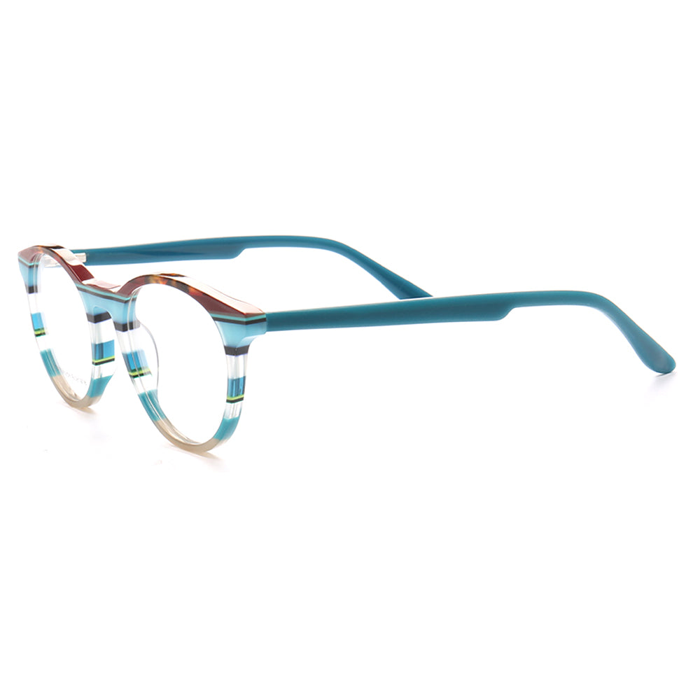 Side view of blue full rim striped eyeglass frames