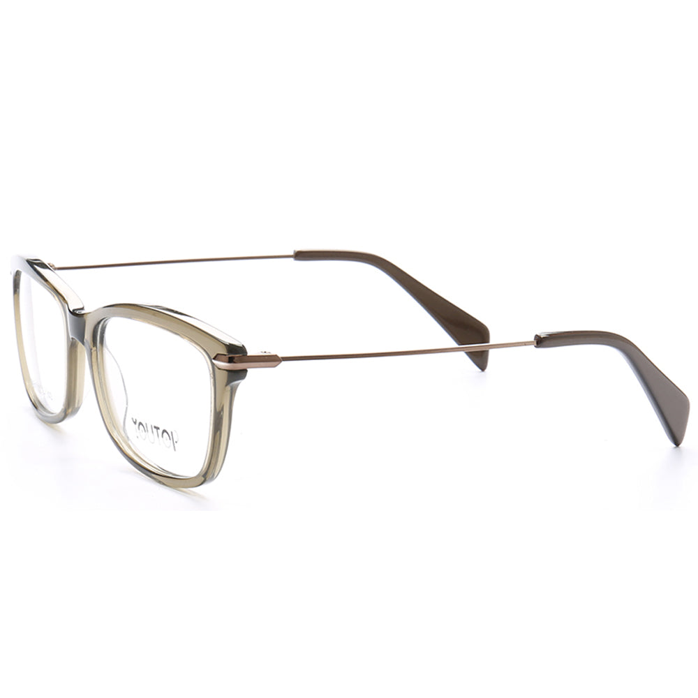 Side view of beige colored composite eyeglass frames